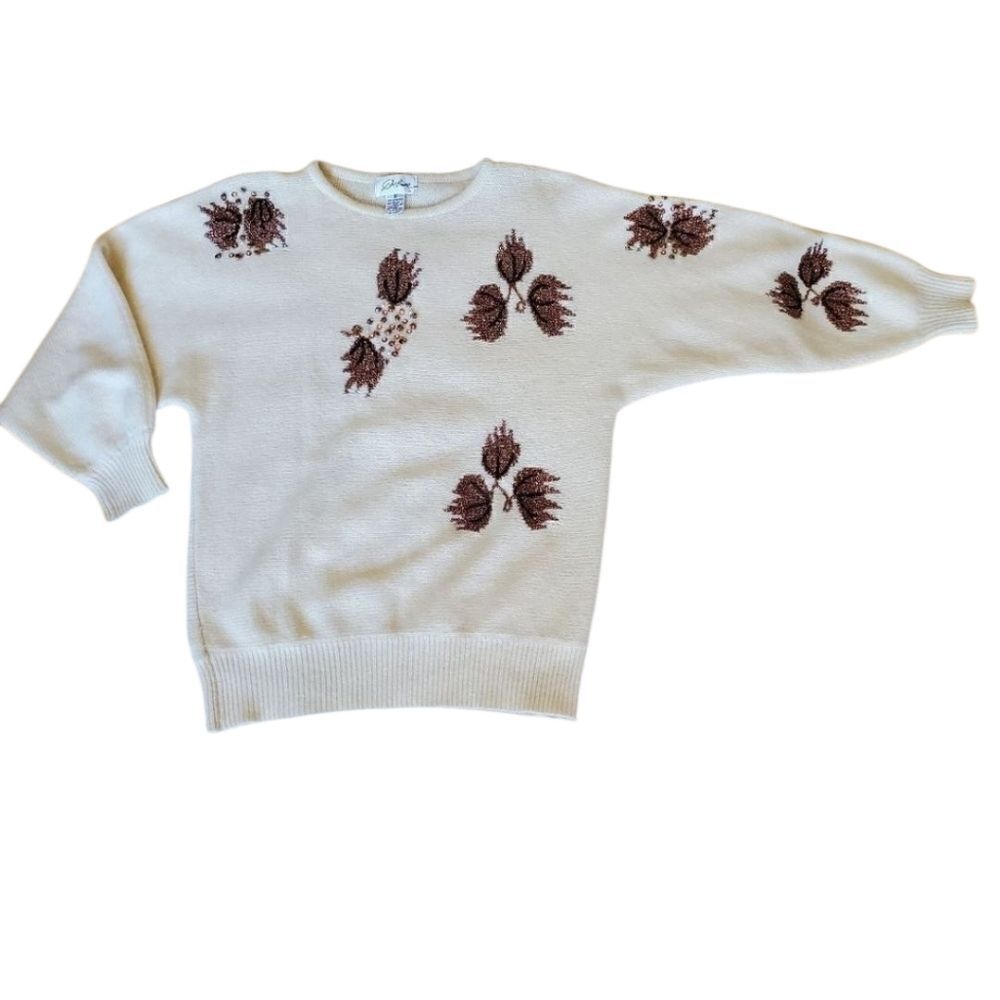 VINTAGE Destiny Women's  Lambswool &‎ Angora Sweater Fall Leaf Embroidered Sz M